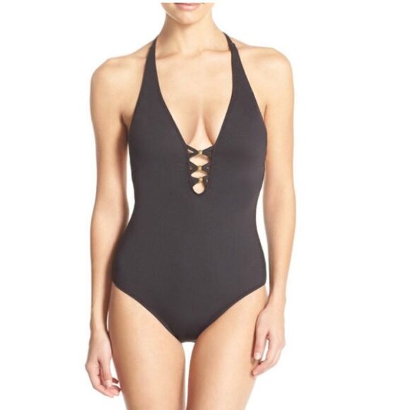 Trina Turk Algiers V-Plunge Embellished One- Piece Black Swimsuit TT0722 - Picture 1 of 16